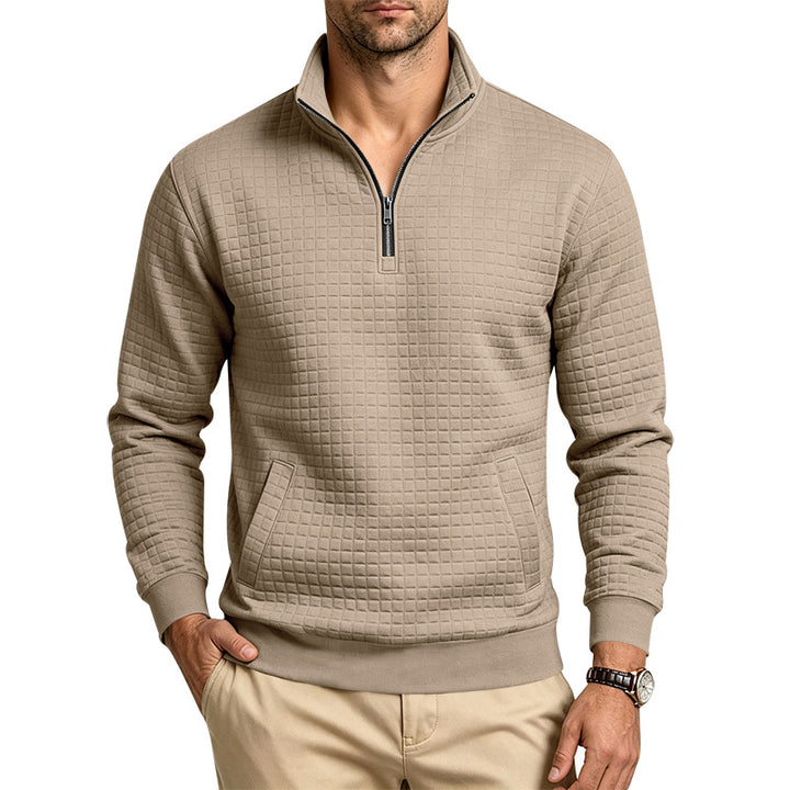 Herren Strukturiertes Stehkragen-Halbzip-Sweatshirt mit Karomuster und Kängurutasche Drune