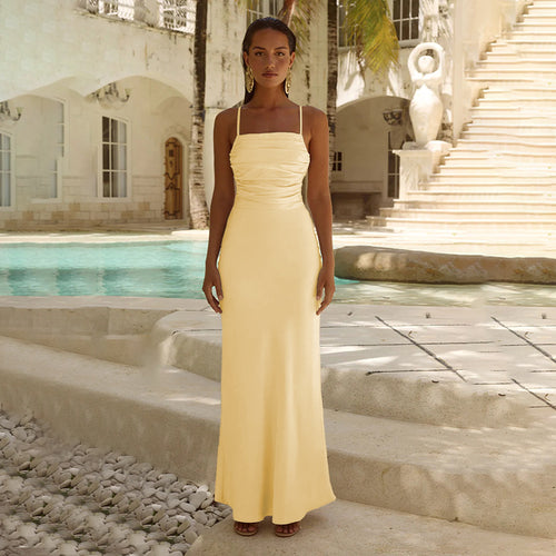 Damen Elegantes Maxikleid mit raffiniertem Raffungseffekt und Spaghettiträgern Drune