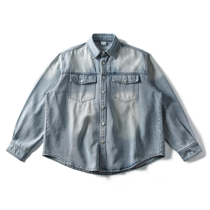 Damen Weite Denim‑Hemdjacke im Oversize‑Cut mit Druckknopfblende, Western‑Brusttaschen und abgerundetem Saum Drune