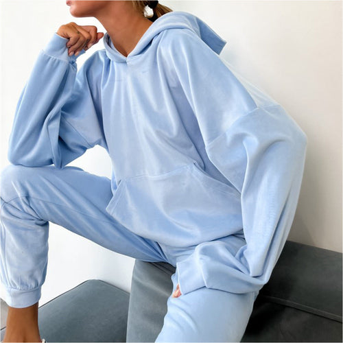 Damen bequemer Velours-Sweatanzug mit Kapuze und elastischem Bund Drune