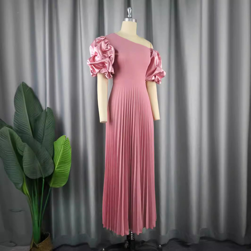 Damen elegantes Maxikleid mit asymmetrischem Schnitt und voluminösen Puffärmeln Drune