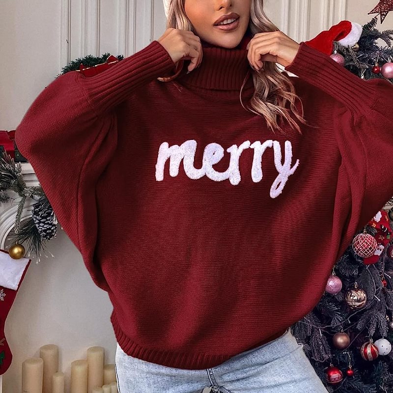 Damen Oversized Rollkragenpullover mit festlichem Schriftzug Drune