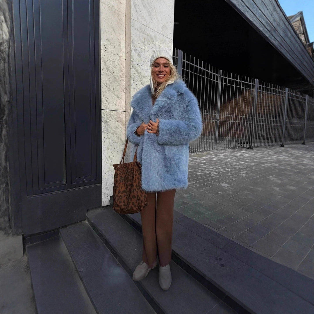 Damen Kurzer luxuriöser Kunstpelzmantel mit voluminösem Schalkragen und Boxy‑Silhouette Drune