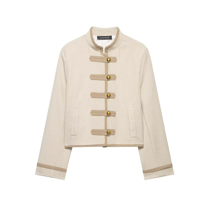 Damen Kurze Jacke im militärisch inspirierten Stil mit Stehkragen und Zierriemen Drune