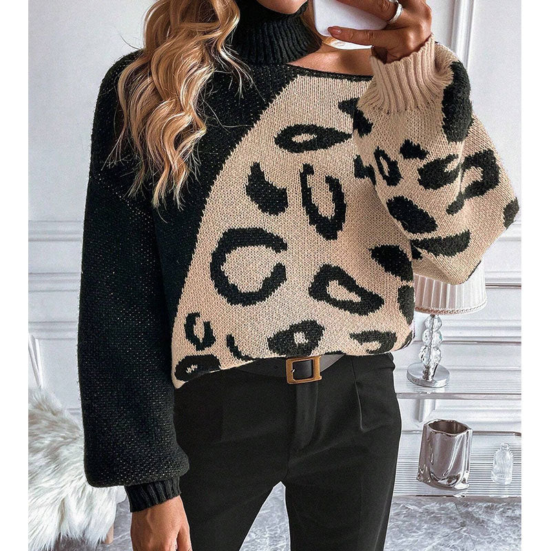 Damen Strickpullover mit modischem Leopardenmuster und steigendem Kragen Drune