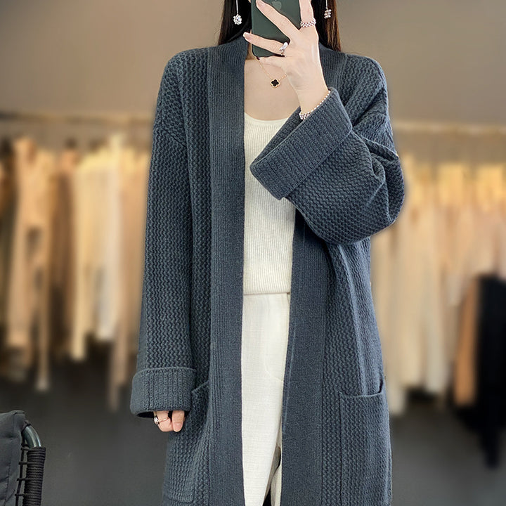 Damen Langer Oversize-Strickcardigan mit Strukturmuster und aufgesetzten Taschen Drune