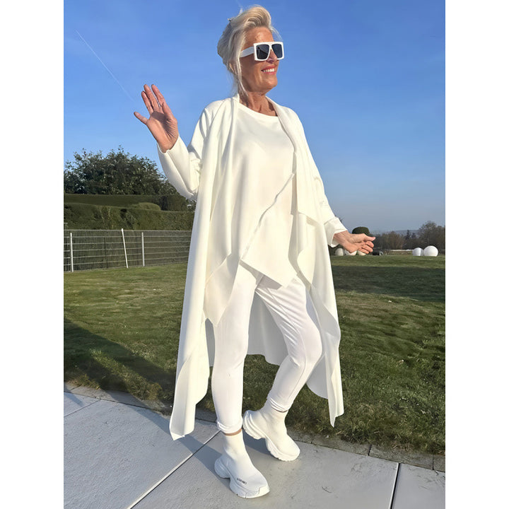 Damen Langer Fließender Longcardigan mit Wasserfall-Saum und Eingrifftaschen Drune