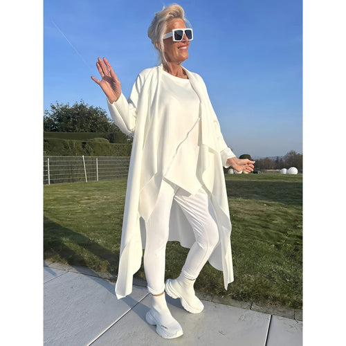 Damen Langer Fließender Longcardigan mit Wasserfall-Saum und Eingrifftaschen Drune