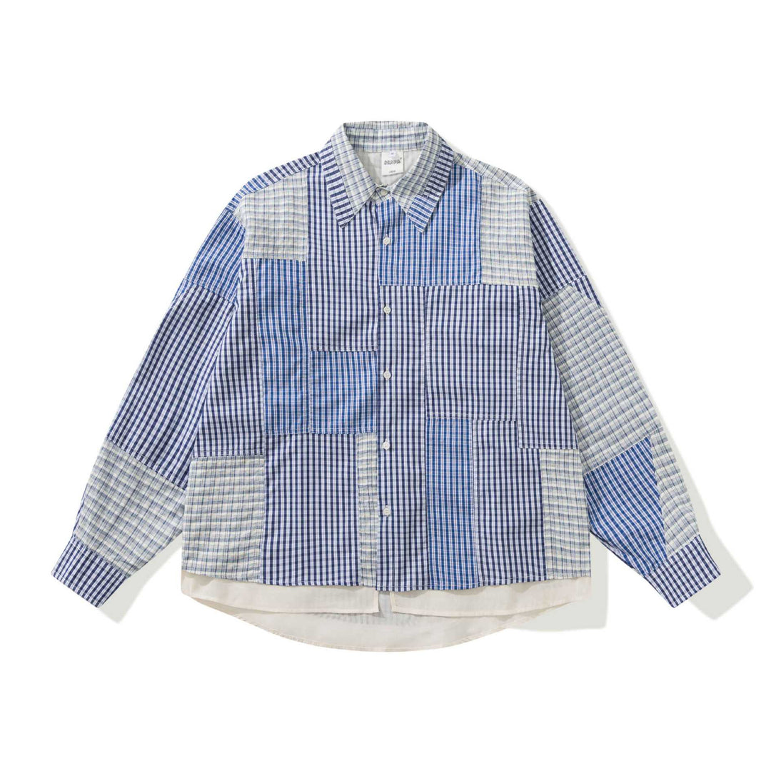 Unisex Patchwork-kariertes Overshirt mit verlängertem Saum Drune