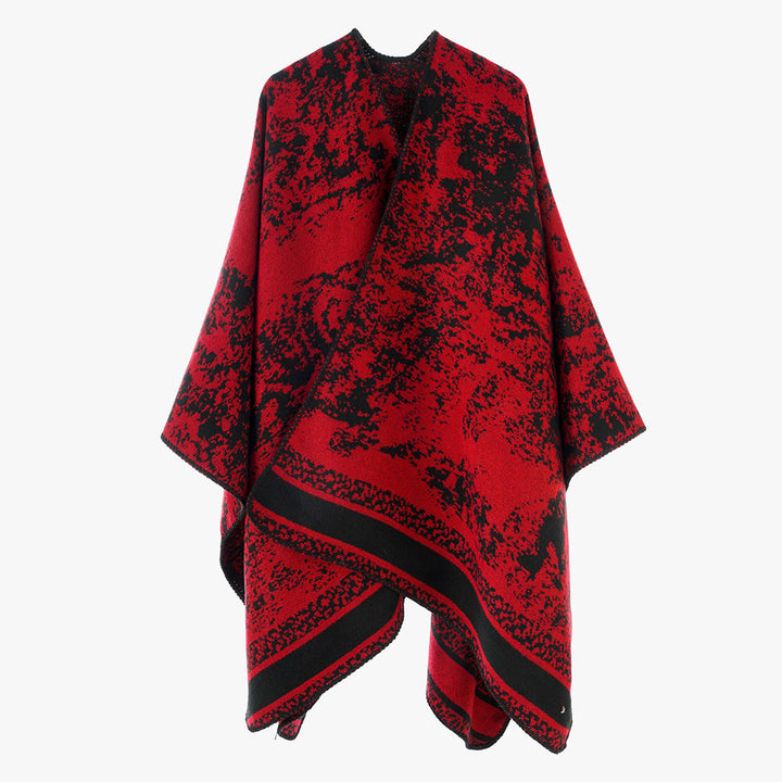 Damen Wollmix-Umhang im Poncho-Stil mit abstraktem Mélange‑Jacquard und Bordürenstreifen Drune