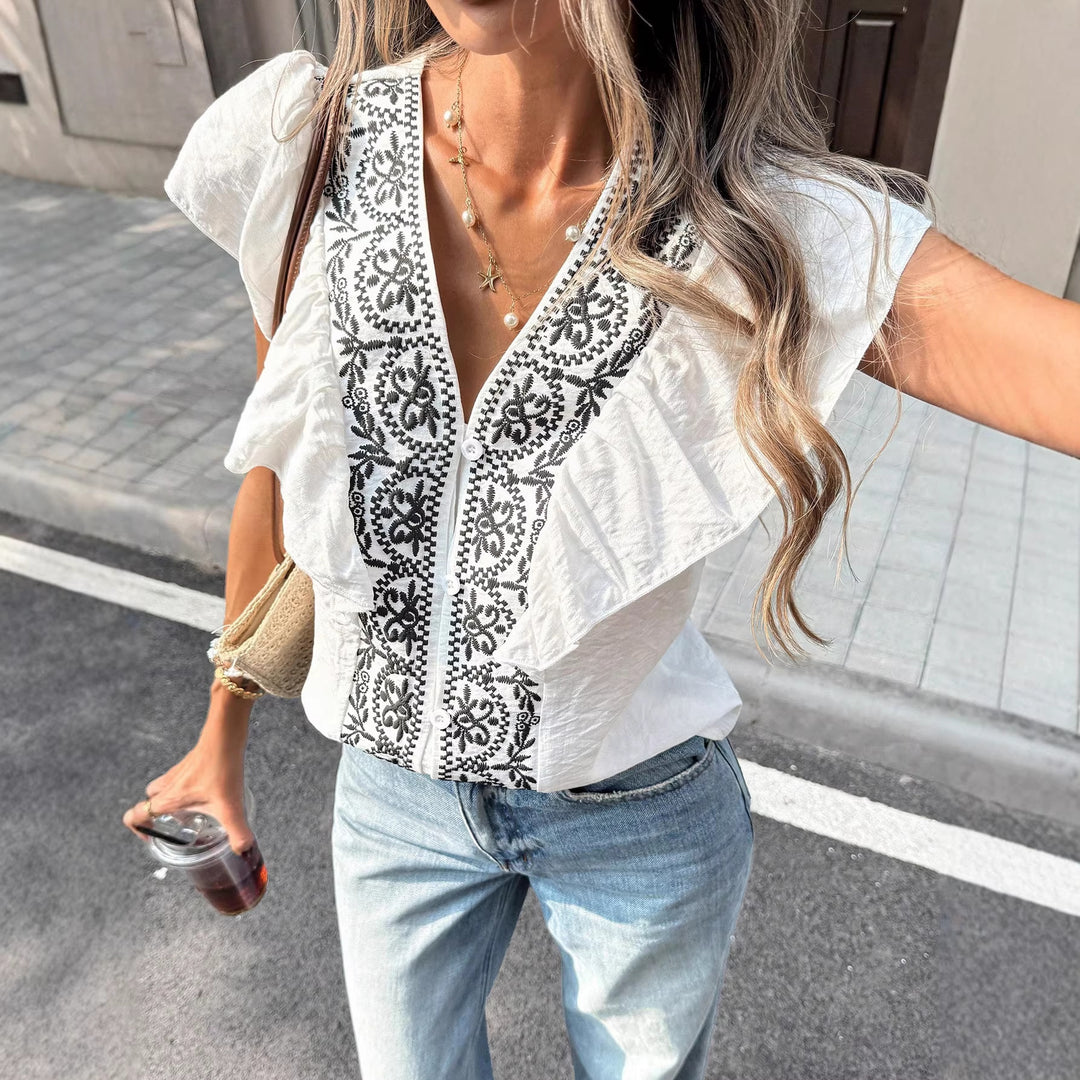 Damen Stickerei-Bluse mit V‑Ausschnitt, Knopfleiste und Volantärmeln Drune