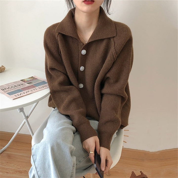 Damen bequemer Strickcardigan mit klassischem Kragen und Knopfverschluss Drune