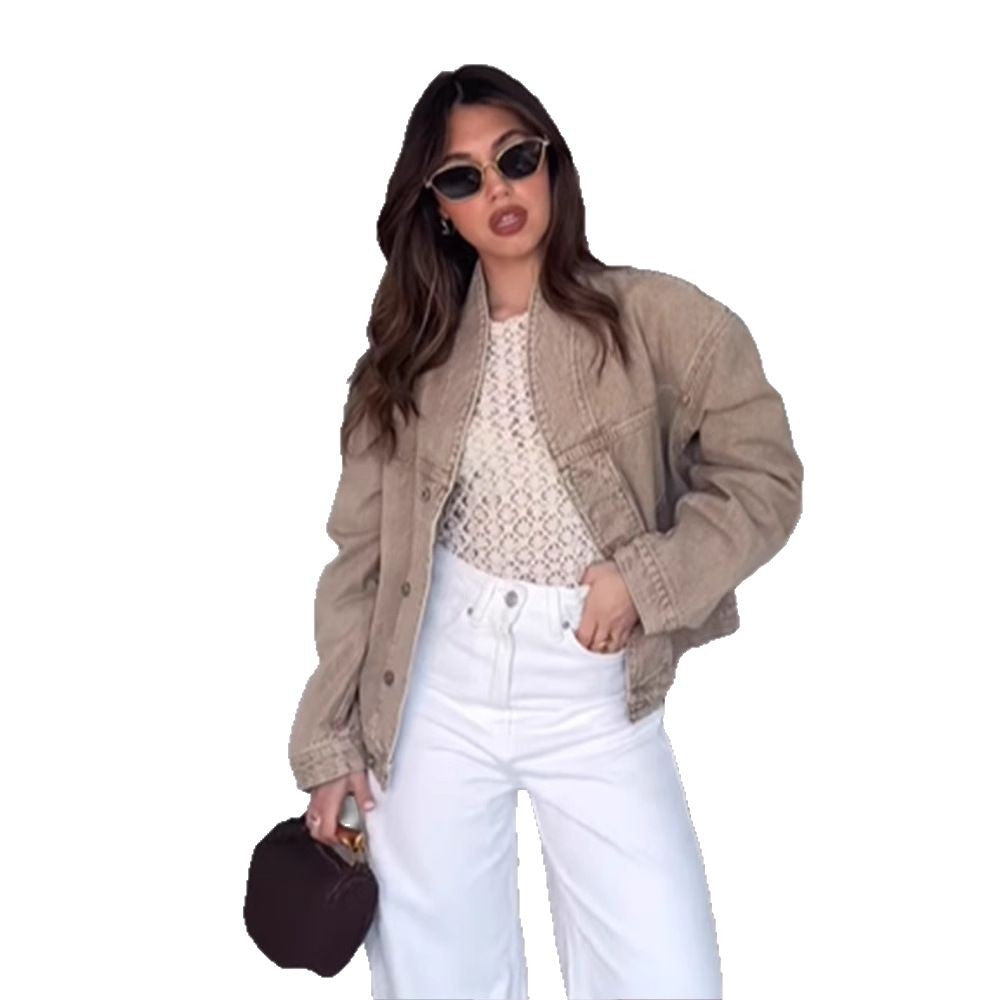 Damen modische Oversized Jeansjacke mit trendigem Stehkragen Drune