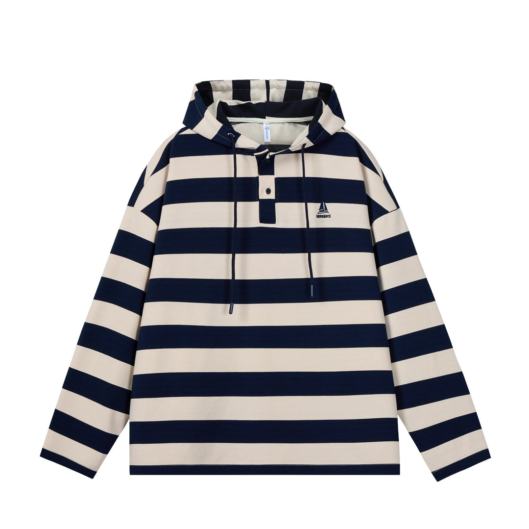 Herren Gestreiftes Kapuzen-Rugbyshirt im Oversize-Schnitt mit Knopfleiste Drune