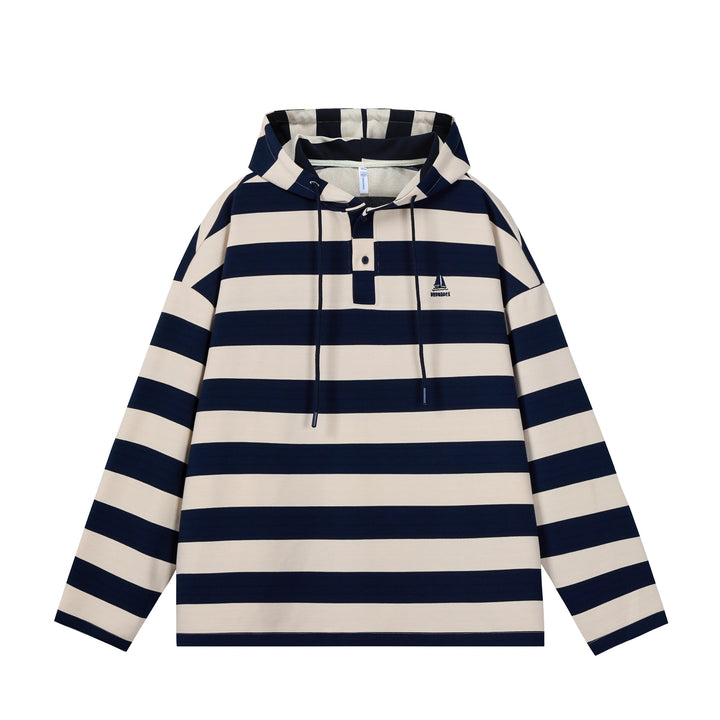 Herren Gestreiftes Kapuzen-Rugbyshirt im Oversize-Schnitt mit Knopfleiste Drune