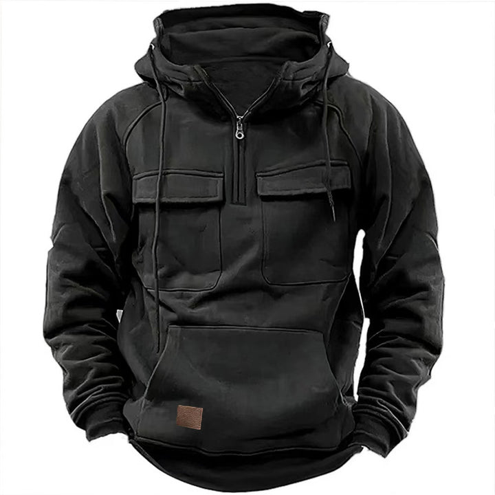 Herren nan taktischer Halbzip Kapuzenpullover mit Brustklappen, Kängurutasche und verstärkten Nähten Drune