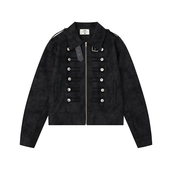 Damen Militärisch inspirierte kurze Jacke mit Reißverschluss, dekorativen Knopfleisten und Schulterklappen Drune