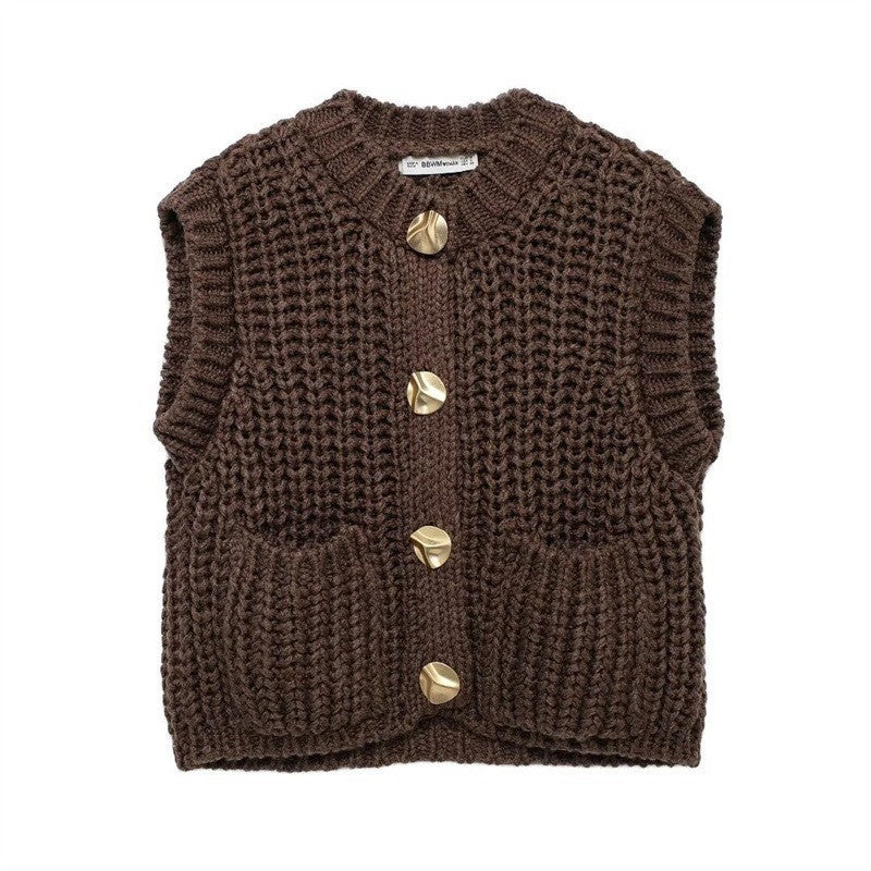 Damen grobgestrickte Woll-Boxy-Weste mit Zierknöpfen und Eingrifftaschen Drune