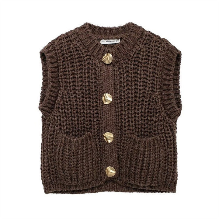Damen grobgestrickte Woll-Boxy-Weste mit Zierknöpfen und Eingrifftaschen Drune