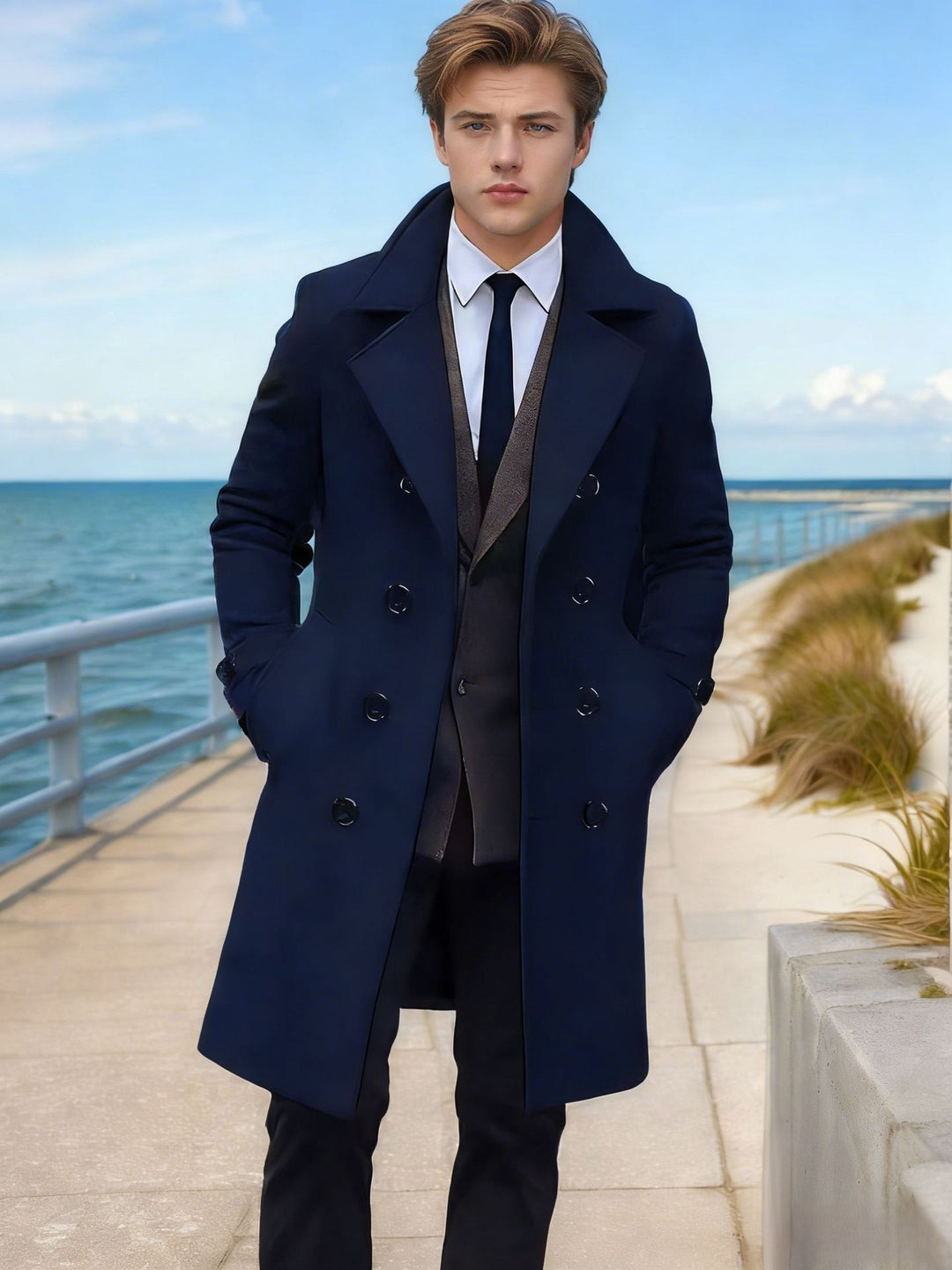 Herren Eleganter einreihiger Langmantel aus Wollmix mit schmaler Silhouette und Reverskragen Drune