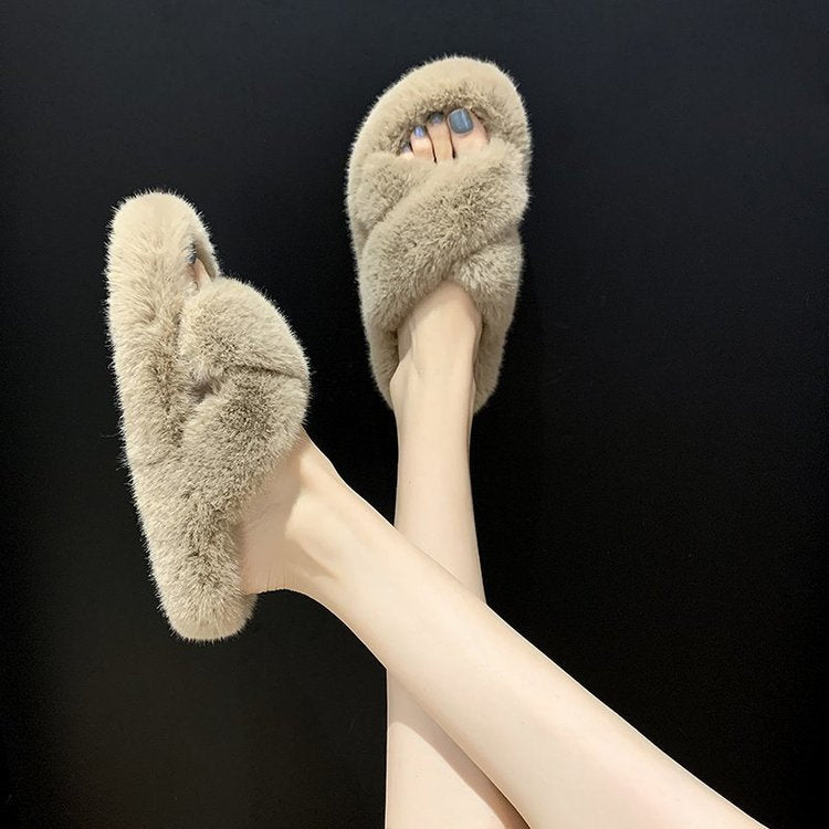 Damen Flauschige Hausschlappen mit gewendeten Riemen und ergonomischem Fußbett Drune