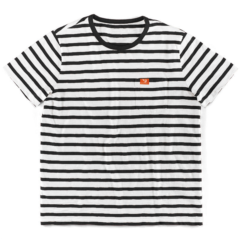 Herren nan gestreiftes Kurzarm-T-Shirt aus Baumwolljersey mit Brusttasche und kontrastiertem Rundhalsausschnitt Drune