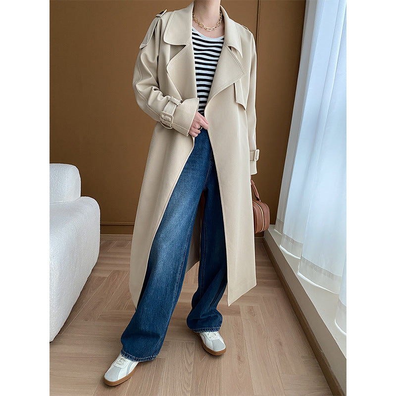 Damen eleganter Trenchcoat mit breitem Revers und praktischen Taschen Drune