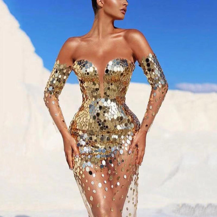Damen Glamouröses Partykleid mit Pailletten und tiefem Ausschnitt Drune