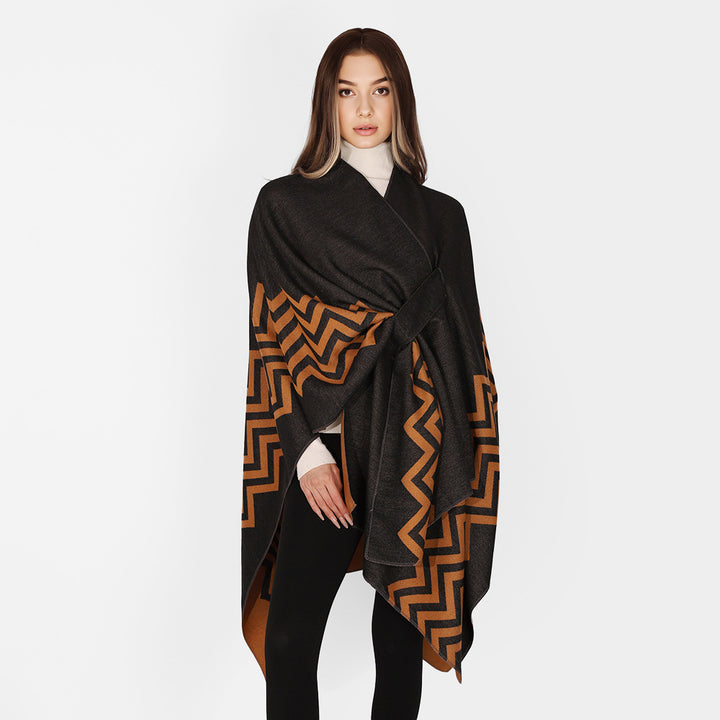 Damen Wollmix-Capeponcho mit Bindegürtel und grafischem Zickzackmuster Drune