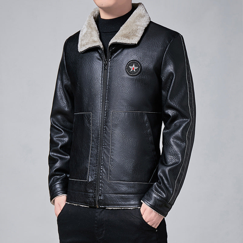Herren Kunstleder-Fliegerblouson mit durchgehendem Sherpa-Futter und hohem Stehkragen Drune