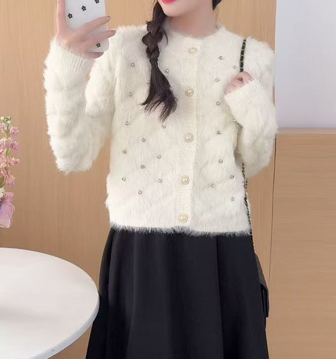 Damen Flauschiger Strickcardigan mit Perlen Drune