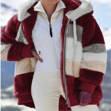 Damen nan kuschelige Oversize Kunstpelzjacke mit Kapuze, Blockstreifen und Rippbündchen Drune