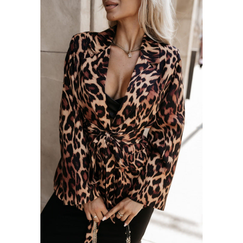 Damen Modischer Blazer im Leopardenmuster mit Bindegürtel Drune