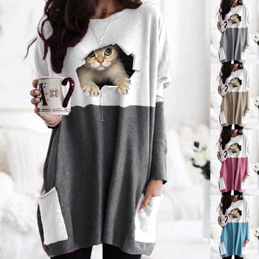 Frauen Längerer Colorblock Strickpullover mit Katzenmotiv und aufgesetzten Taschen Drune