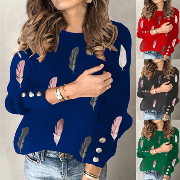 Damen Feinstrickpullover mit Federmotiv, Rundhalsausschnitt und dekorativer Knopfleiste Drune