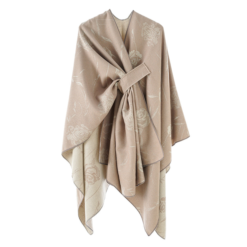 Damen Wendbarer Capeponcho mit Rosen-Jacquard und Bindegürtel Drune