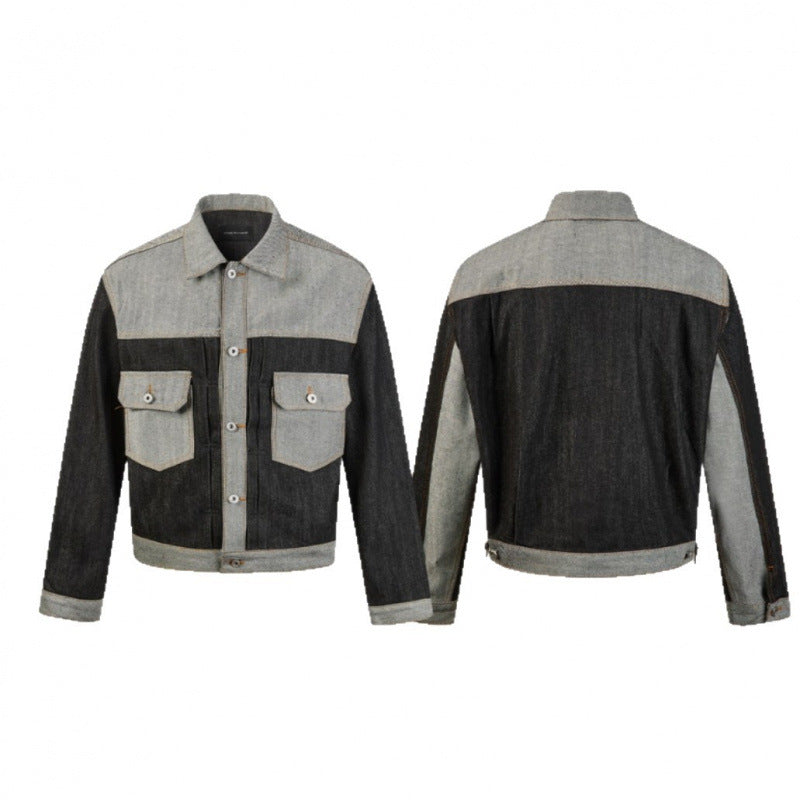 Herren Kurz geschnittene Patchwork-Denimjacke mit aufgesetzten Pattentaschen und konstruktiver Nahtführung Drune