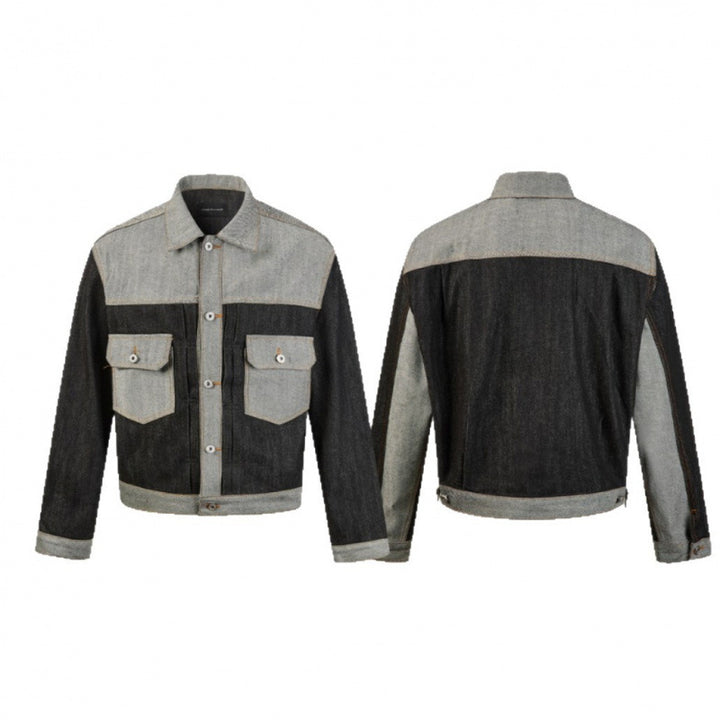 Herren Kurz geschnittene Patchwork-Denimjacke mit aufgesetzten Pattentaschen und konstruktiver Nahtführung Drune