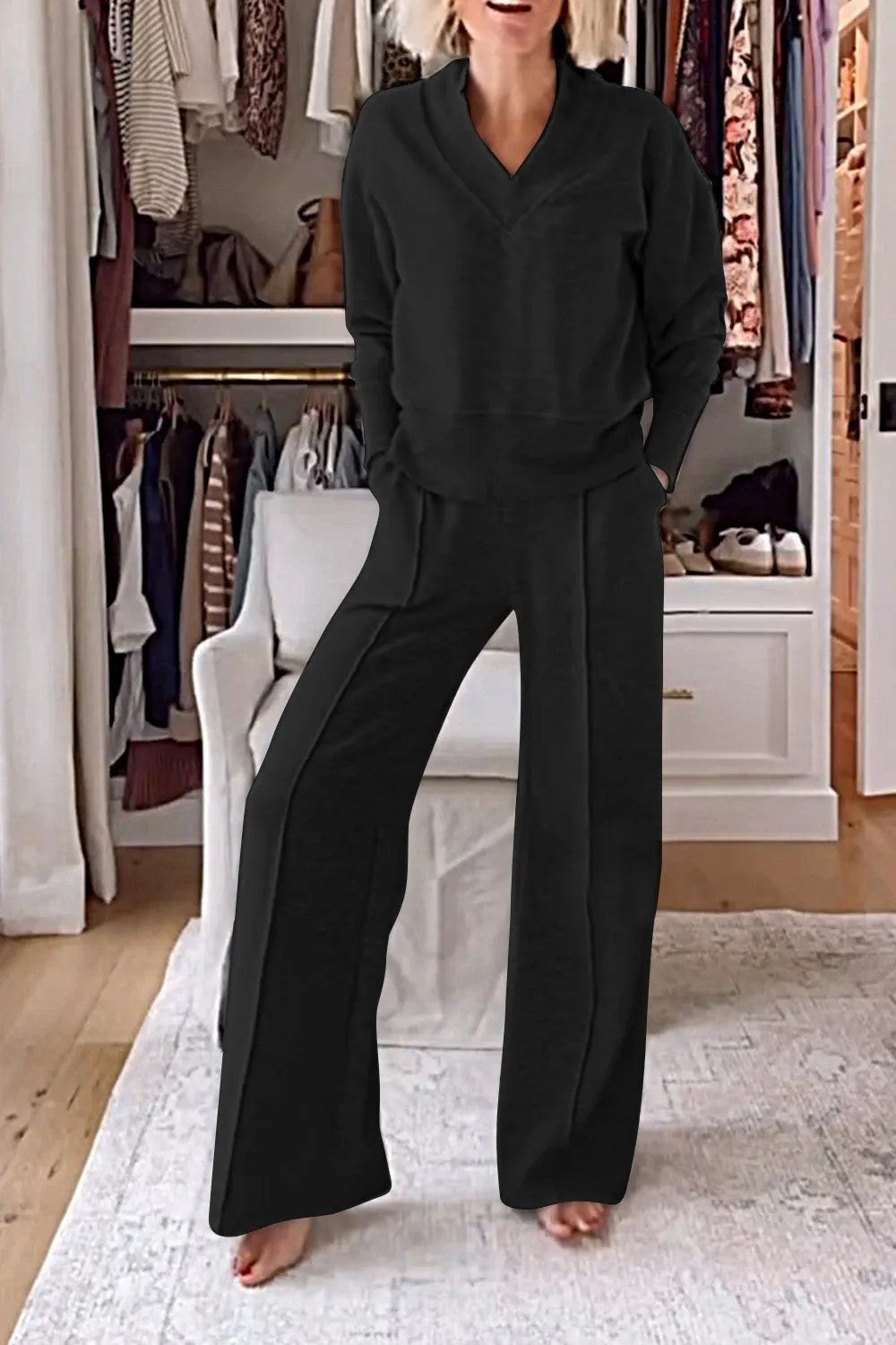 Damen Komfortabler Loungewear-Set mit V-Ausschnitt und weitem Schnitt Drune