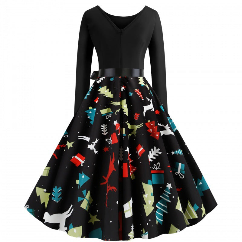 Damen Tailliertes Retro Kleid mit voluminösem Tellerrock und Weihnachtsprint Drune