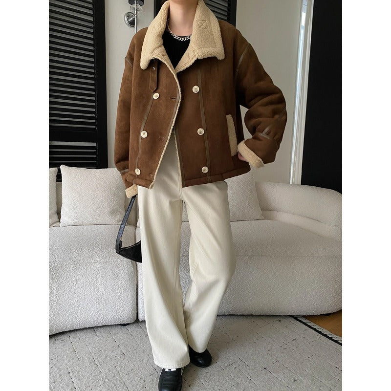 Damen lässige Fleecejacke mit umschlagbarem Kragen und Knopfdetails Drune