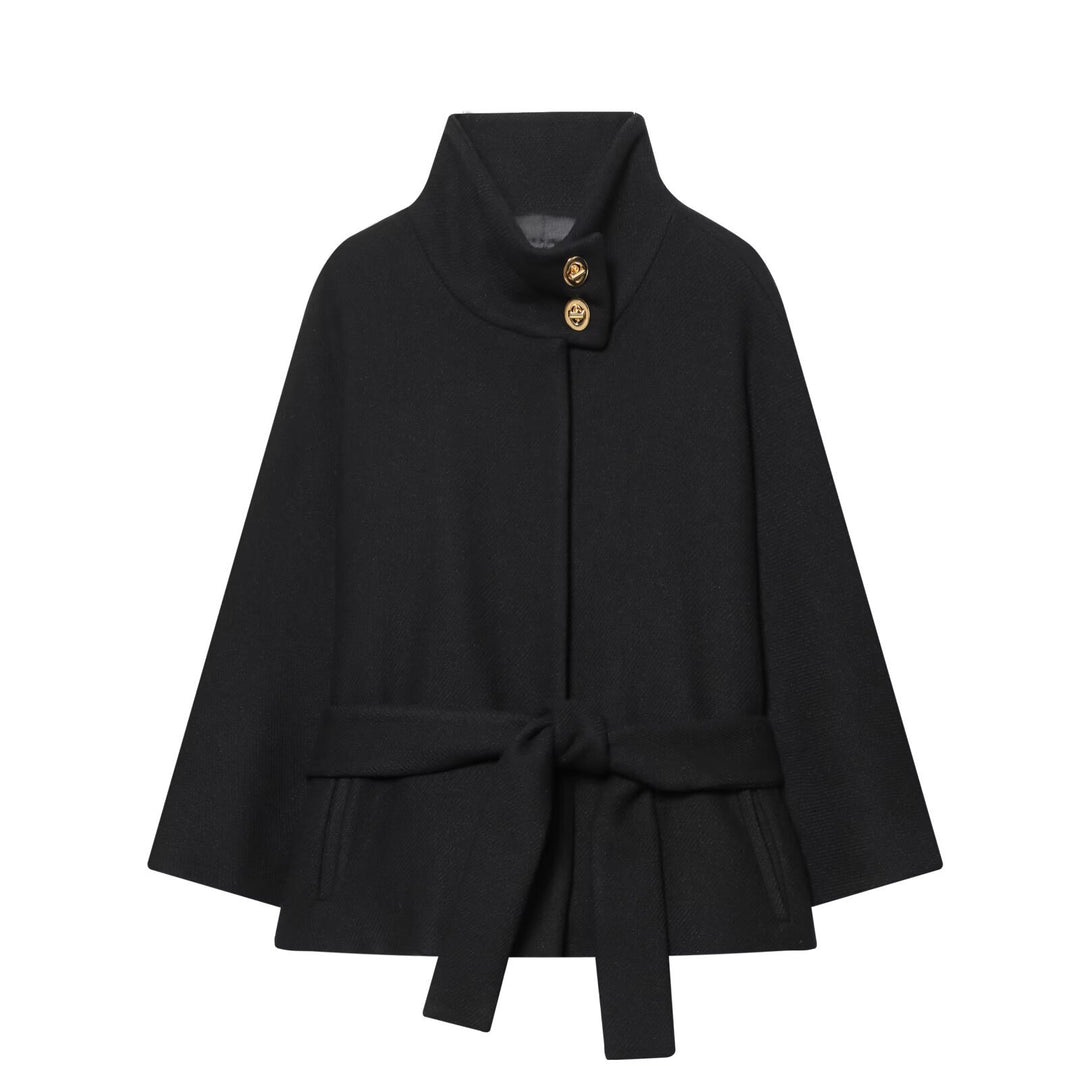 Damen Kurzes Cape‑Mantel mit Stehkragen, Taillengürtel und Zierknöpfen Drune