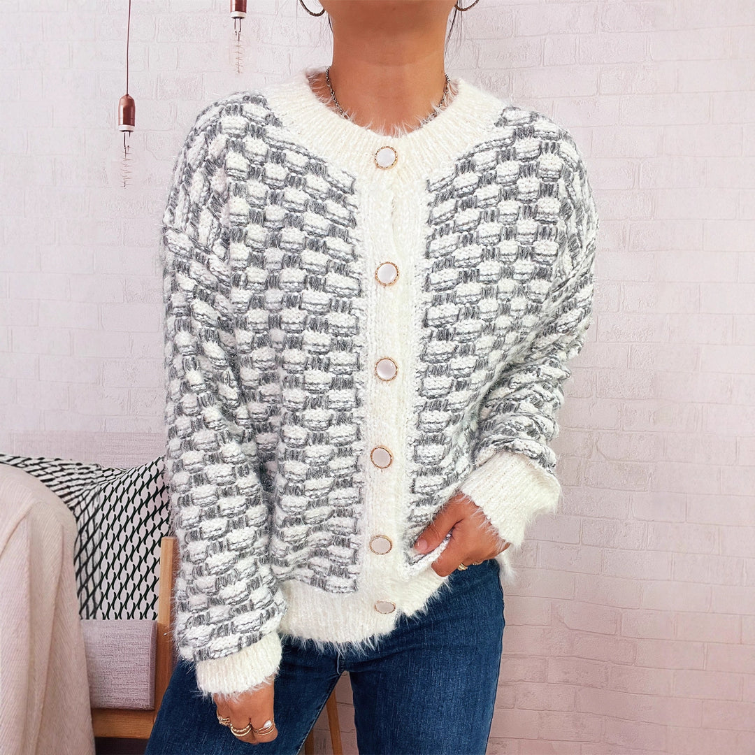 Damen flauschige Strickjacke mit modischer Knopfdetailstruktur und lässigem Schnitt Drune