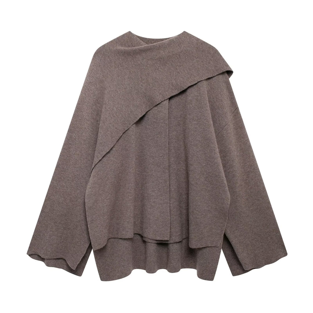 Damen nan zweilagiger Strickponcho mit asymmetrischem Saum und dekorativem Knopfkragen Drune