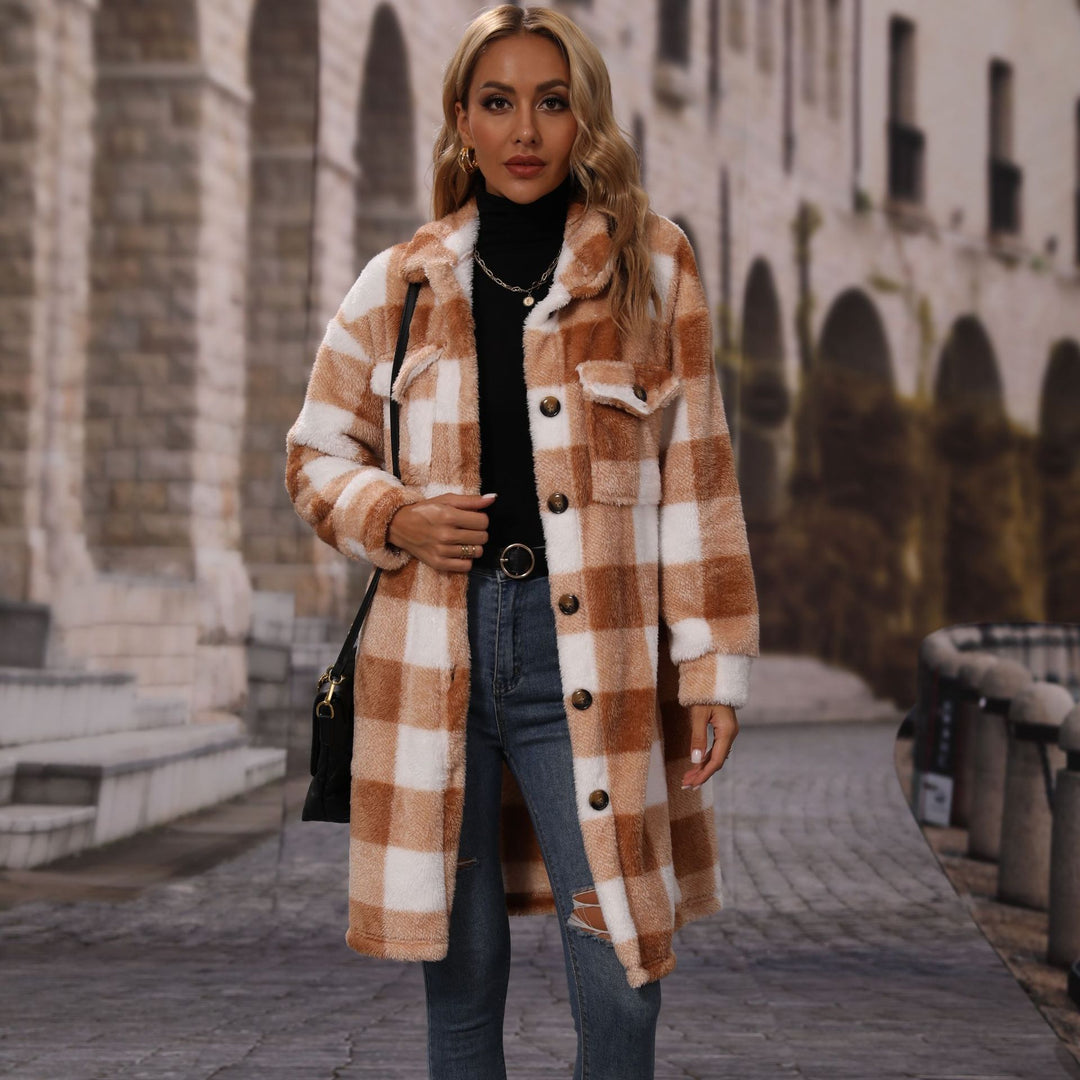 Damen Plüsch-Winterjacke mit kariertem Design und praktischen Taschen Drune
