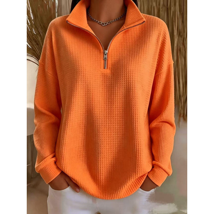 Damen Waffelstrick-Sweatshirt mit halbem Reißverschluss und Stehkragen Drune