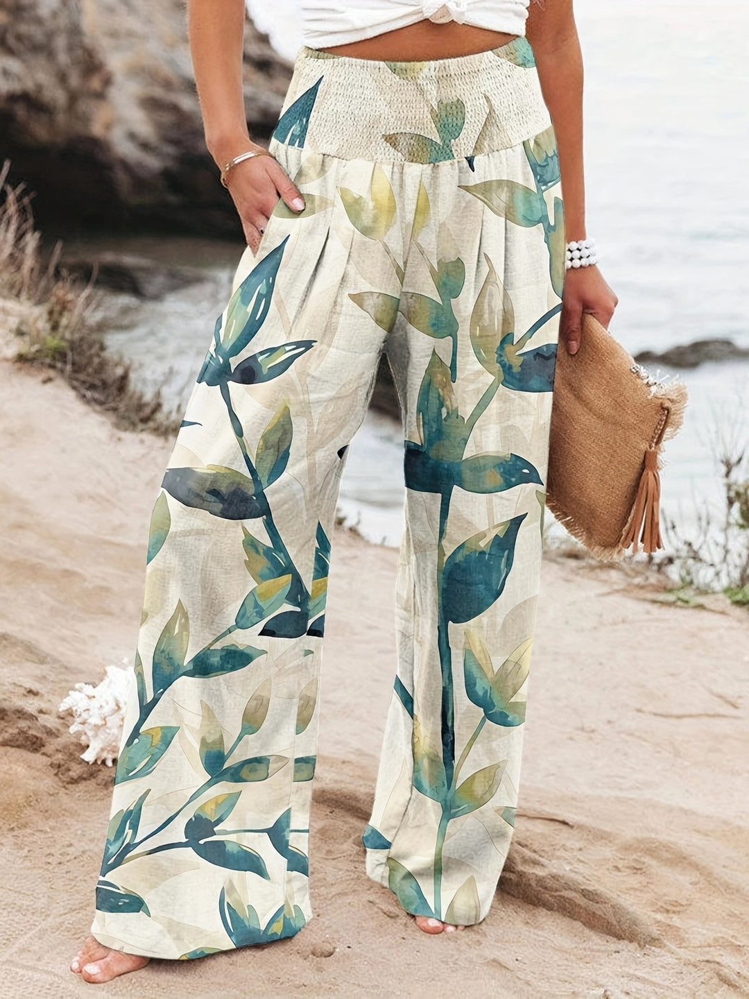 Damen Palazzo-Hosen mit floralem Druck und elastischem Bauchbund Drune