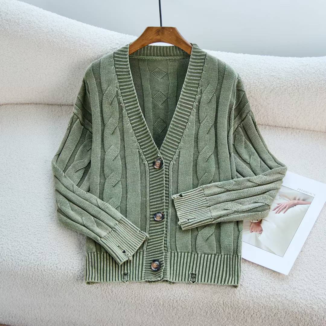 Damen lässiger Strickcardigan mit Zopfmuster und umgeschlagenen Ärmeln Drune