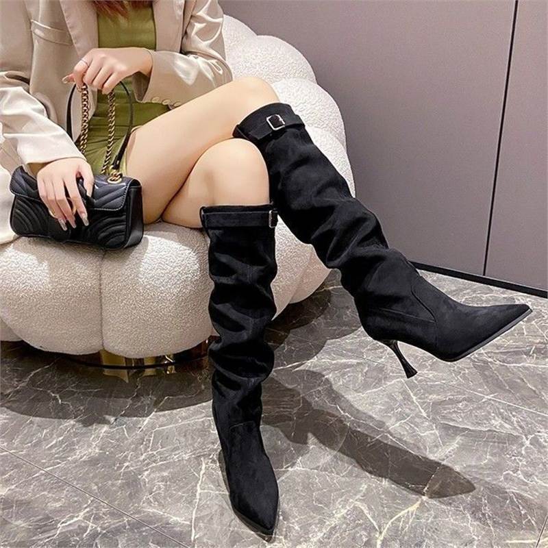 Damen Kniehohe Stiefel mit gerafftem Schaft, spitzer Zehenpartie und schmalem Stiletto Drune
