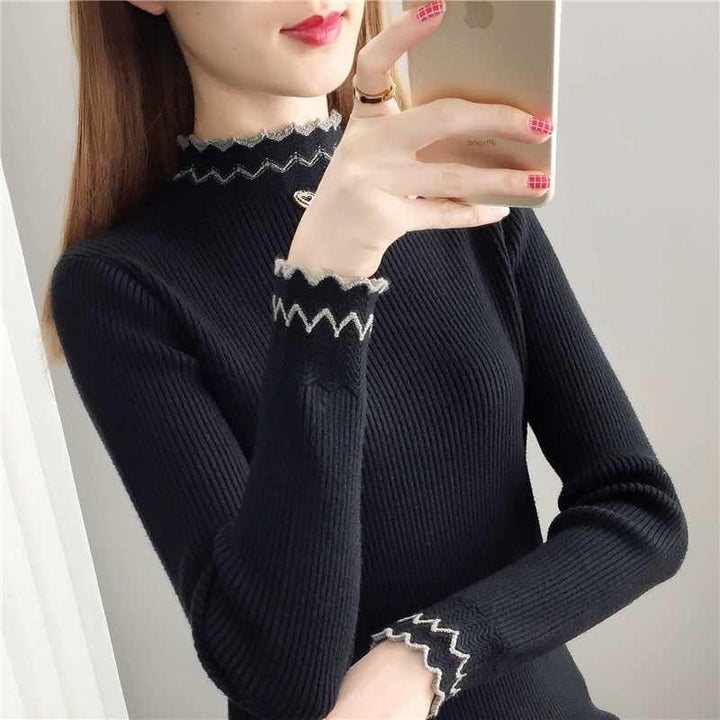 Damen Strickpullover mit steigendem Kragen und Wellenmuster Drune